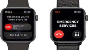 Black Apple Watches with an Emergency SOS Screen for a Fall Detection Feature
