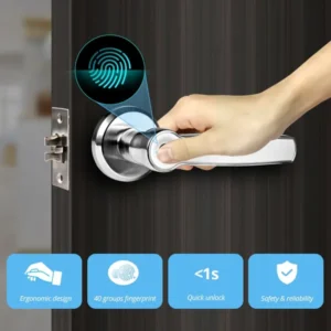 Hand on a front door handle putting their thumb on the finger print lock/unlock system to open the door.