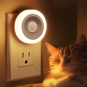 Motion Sensor Light plugged into the wall at night time with a cat laying next to it enjoying the warm light.