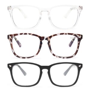 Three pairs of blue light glasses, starting from the top, a white pair, cheetah pair, and black pair.