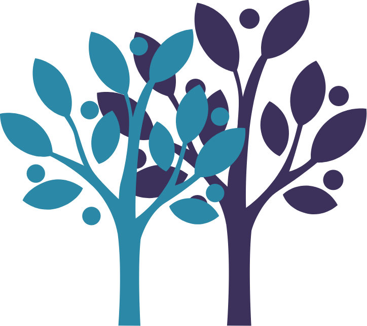 two graphic trees, one blue and one purple