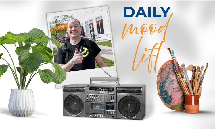 Daily Mood lift collage with a plant, a radio and a paint set, infront of a photo of a male individual